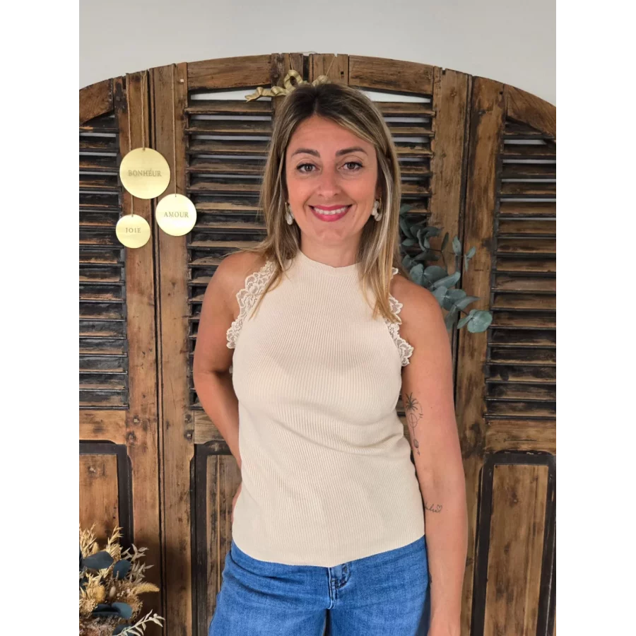 Top Sami beige maille et dentelle