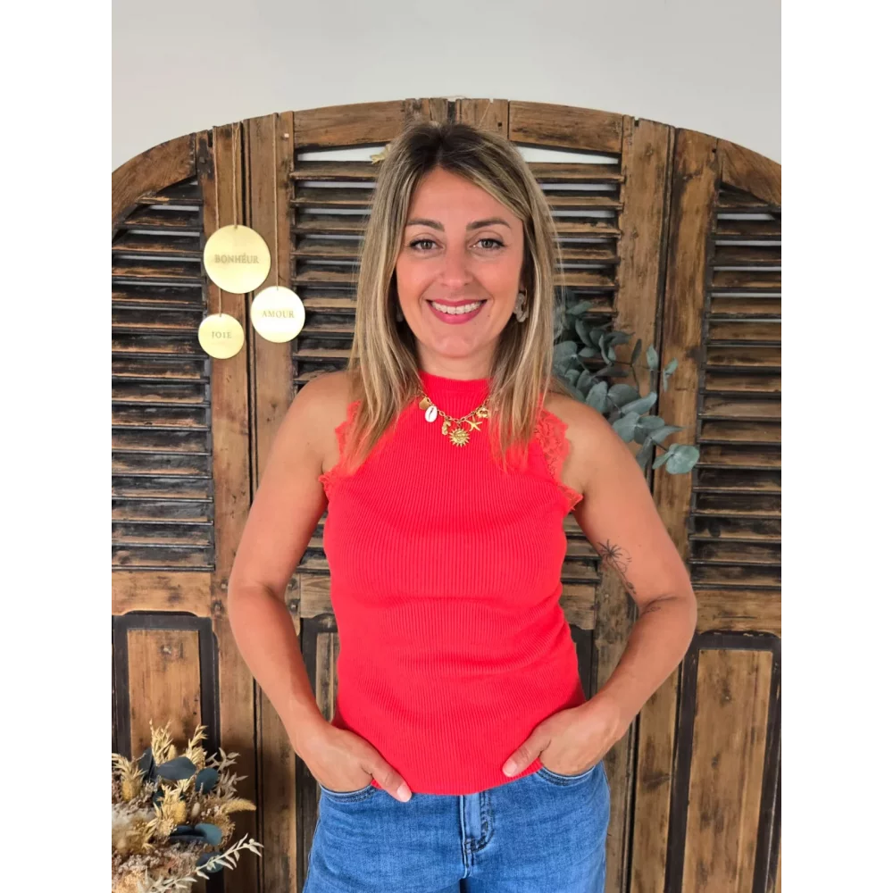 Top Sami orange maille et dentelle