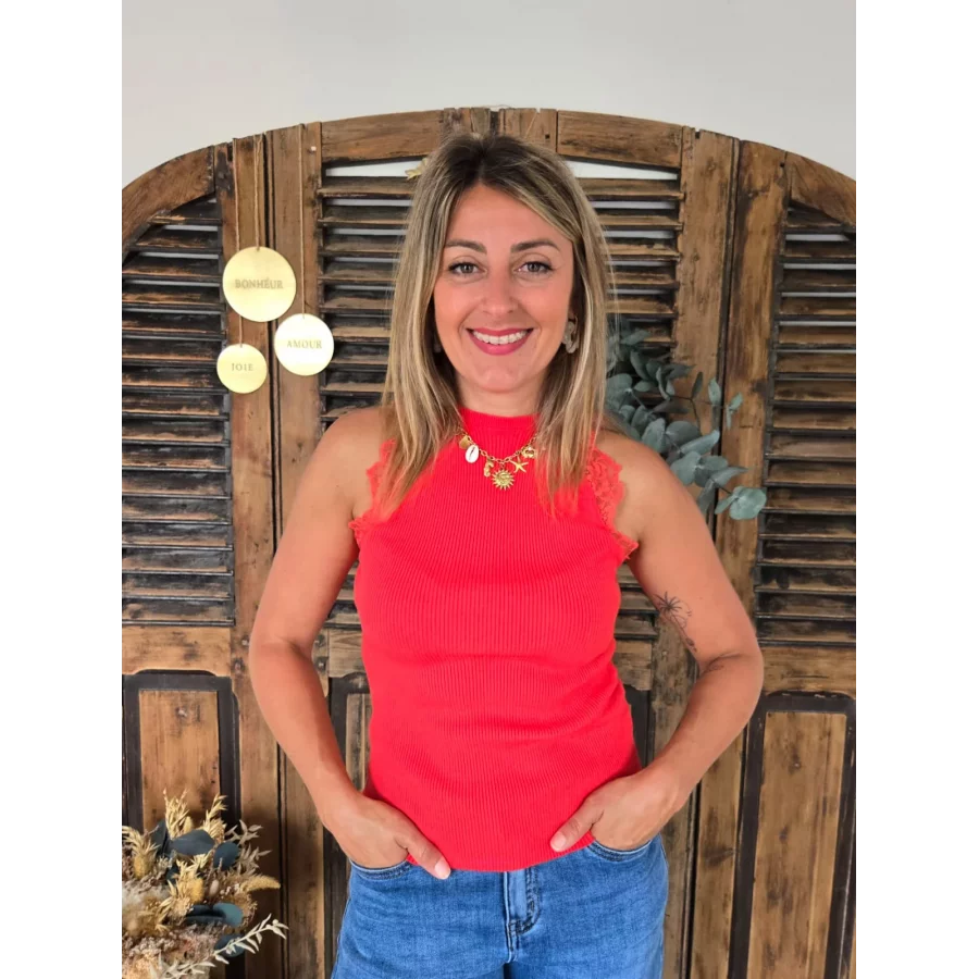 Top Sami orange maille et dentelle