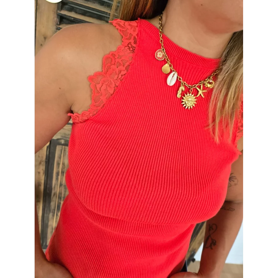 Top Sami orange maille et dentelle