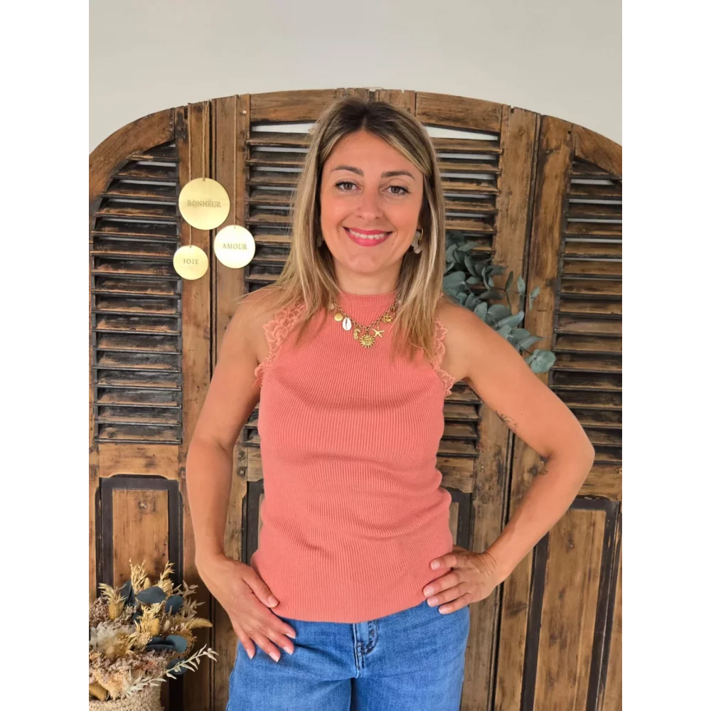 Top Sami vieux rose maille et dentelle