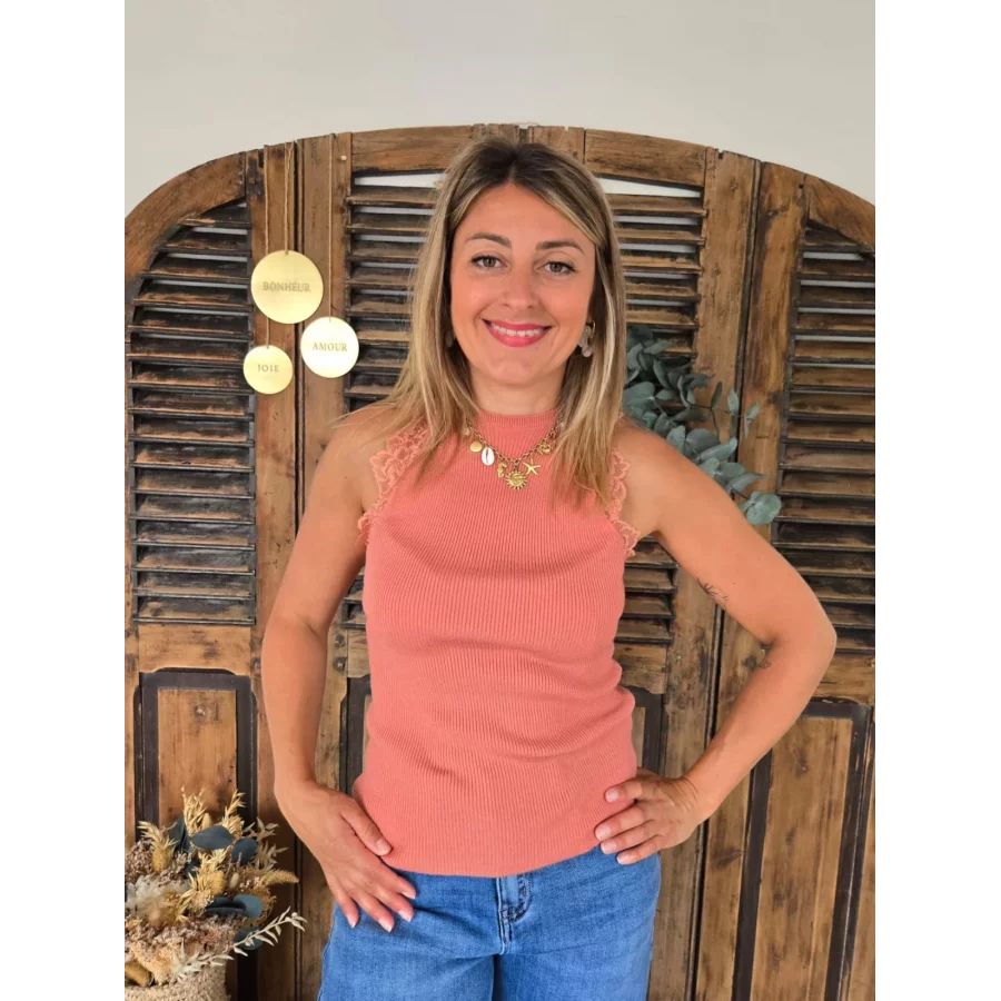 Top Sami vieux rose maille et dentelle