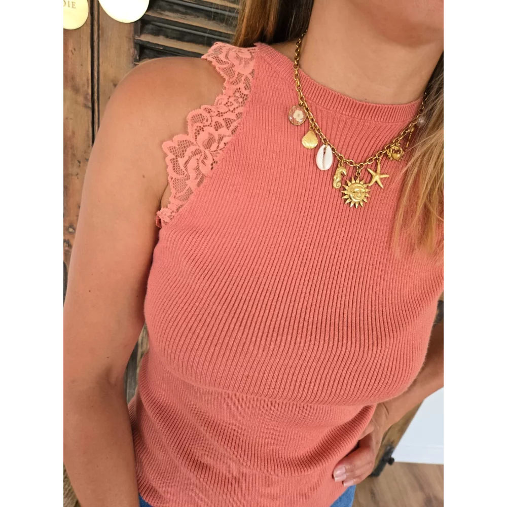 Top Sami vieux rose maille et dentelle