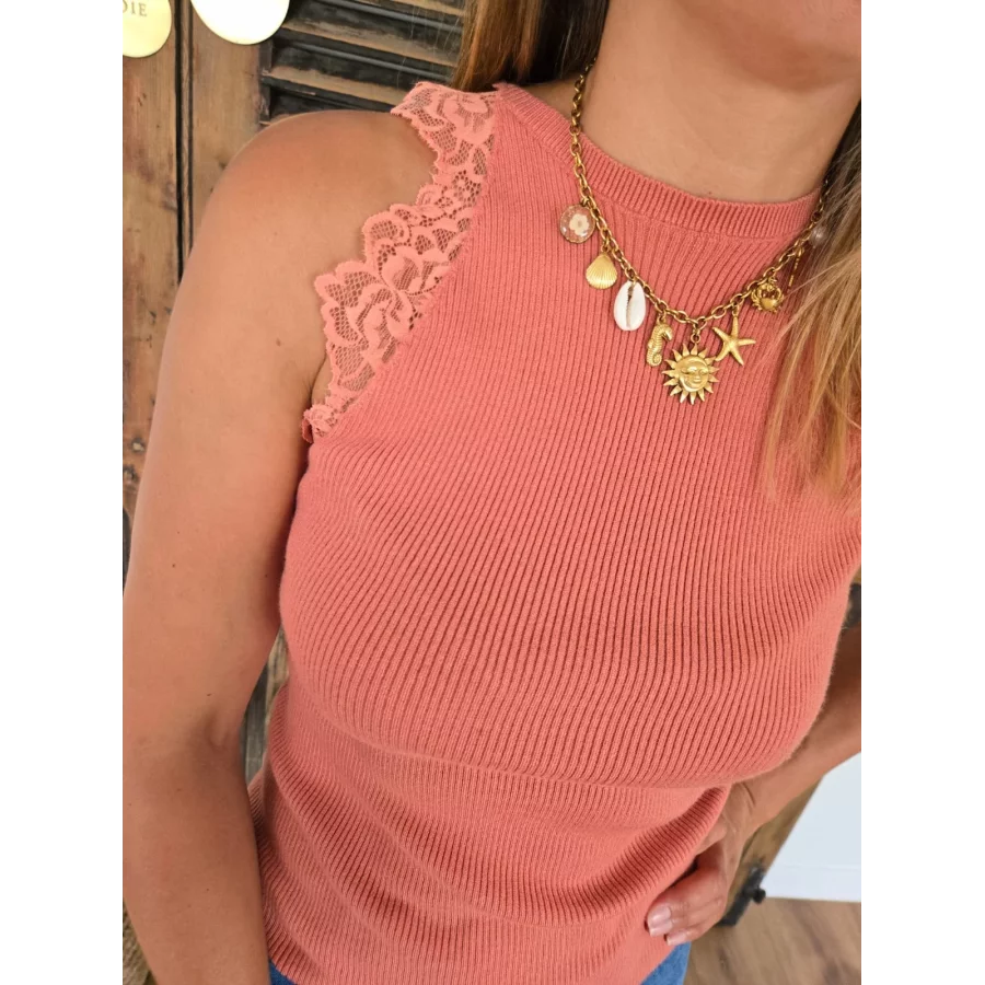 Top Sami vieux rose maille et dentelle