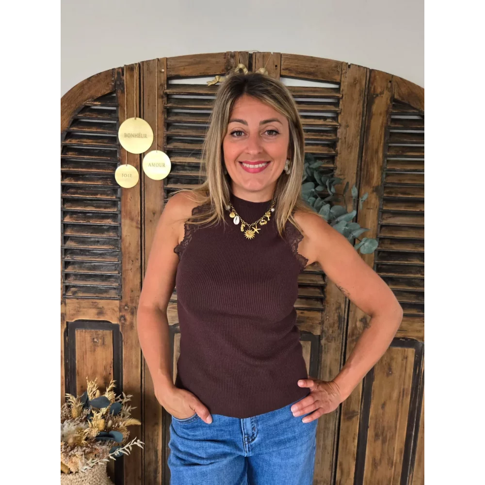 Top Sami choco maille et dentelle