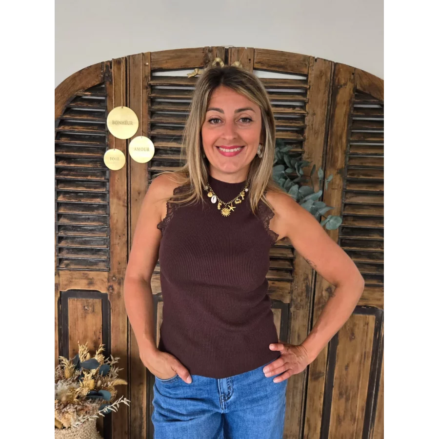 Top Sami choco maille et dentelle