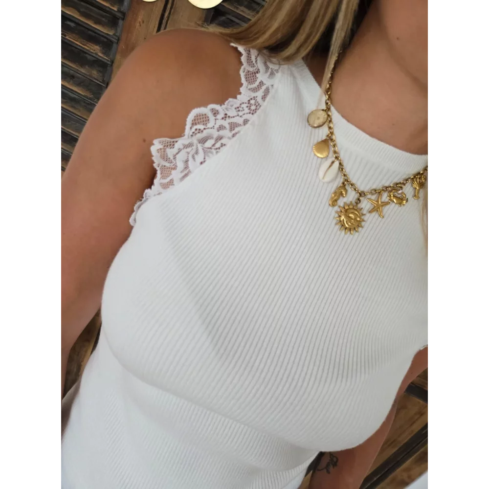 Top Sami blanc maille et dentelle