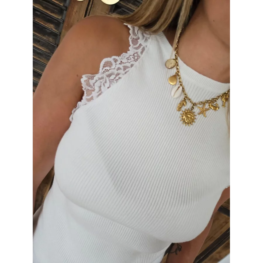 Top Sami blanc maille et dentelle