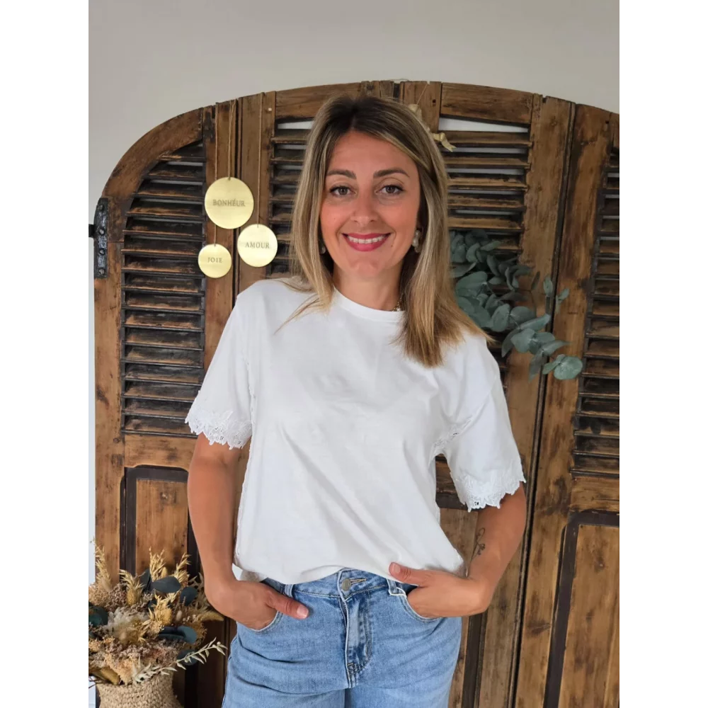 T-shirt Reginald bandes dentelles blanc
