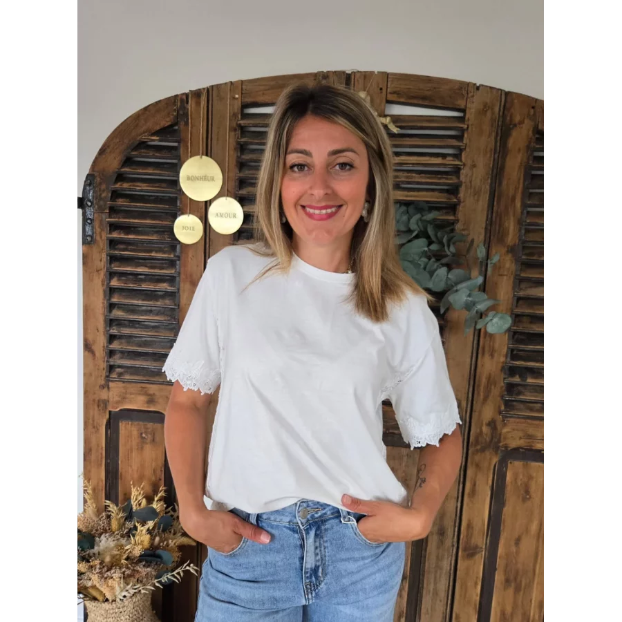 T-shirt Reginald bandes dentelles blanc
