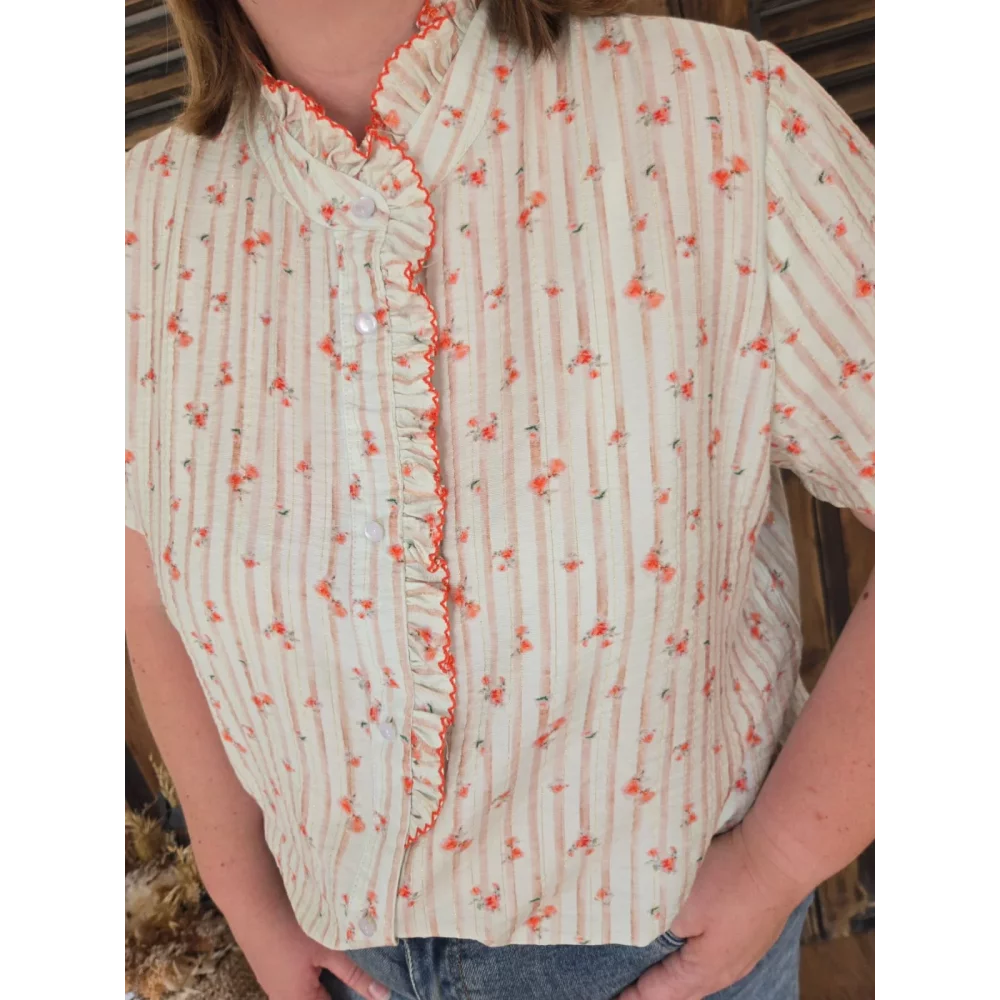 Chemise Lison rayures rose et fleurs corail