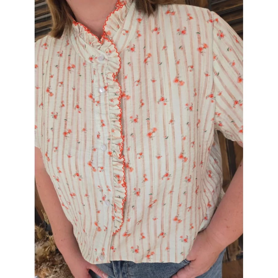 Chemise Lison rayures rose et fleurs corail