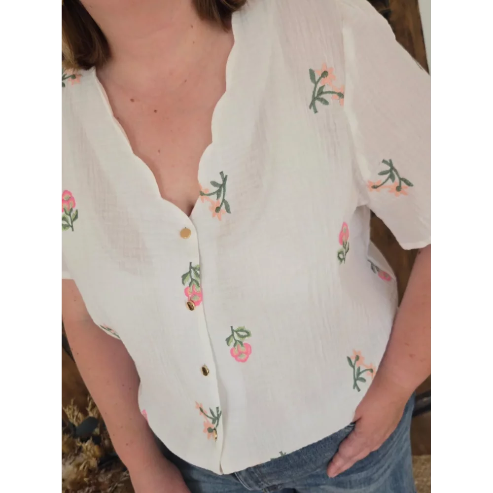 Blouse Malorie gaze coton fleurs brodées