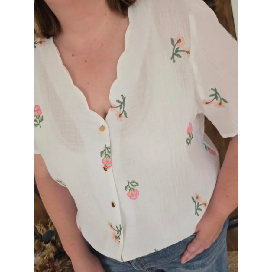 Blouse Malorie gaze coton fleurs brodées