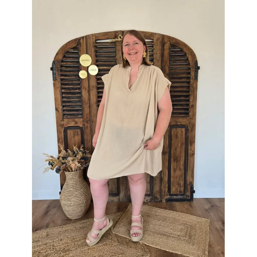 Robe Gertrude en gaze de coton beige