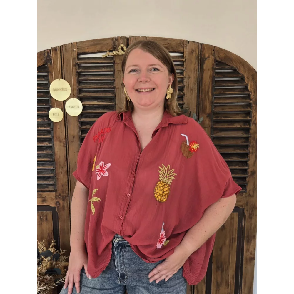 Chemise brodée en voile de coton terracotta