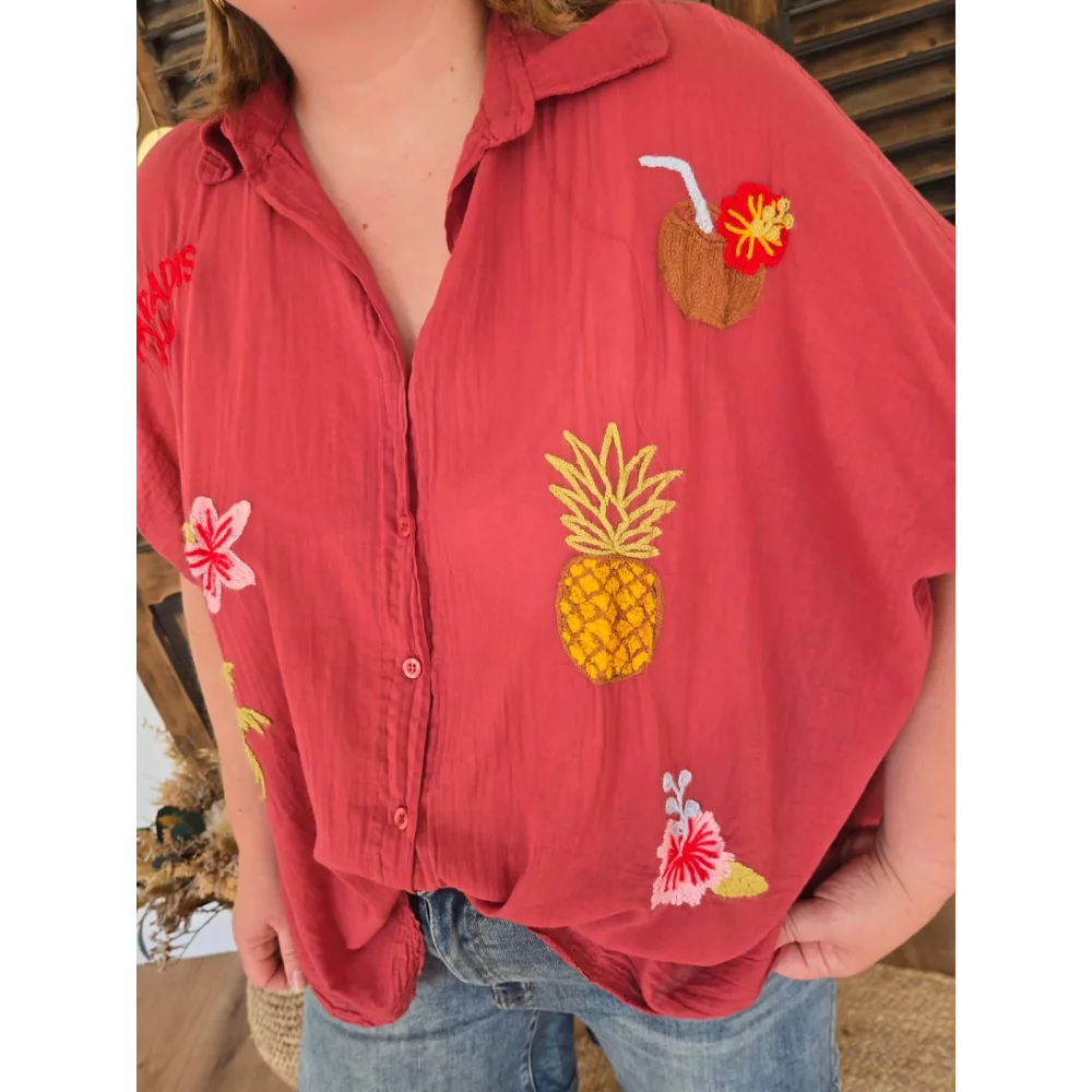 Chemise brodée en voile de coton terracotta