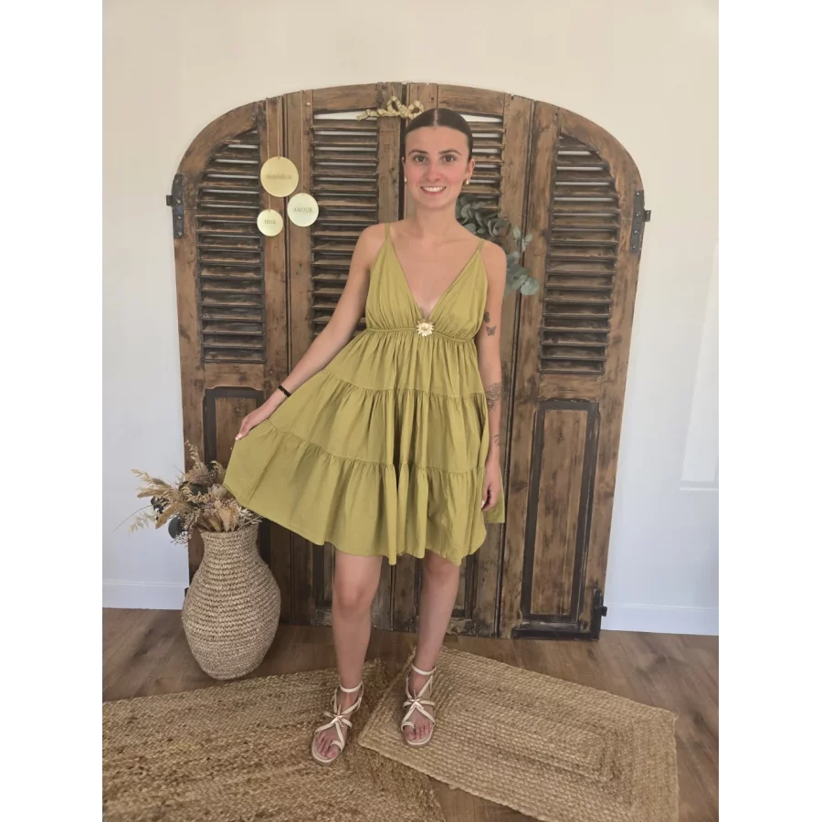 Robe bretelles Georgette olive tournesol