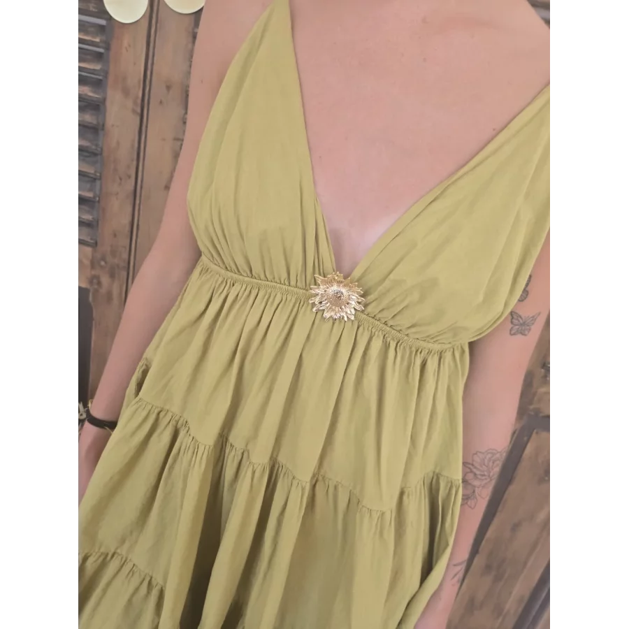 Robe bretelles Georgette olive tournesol