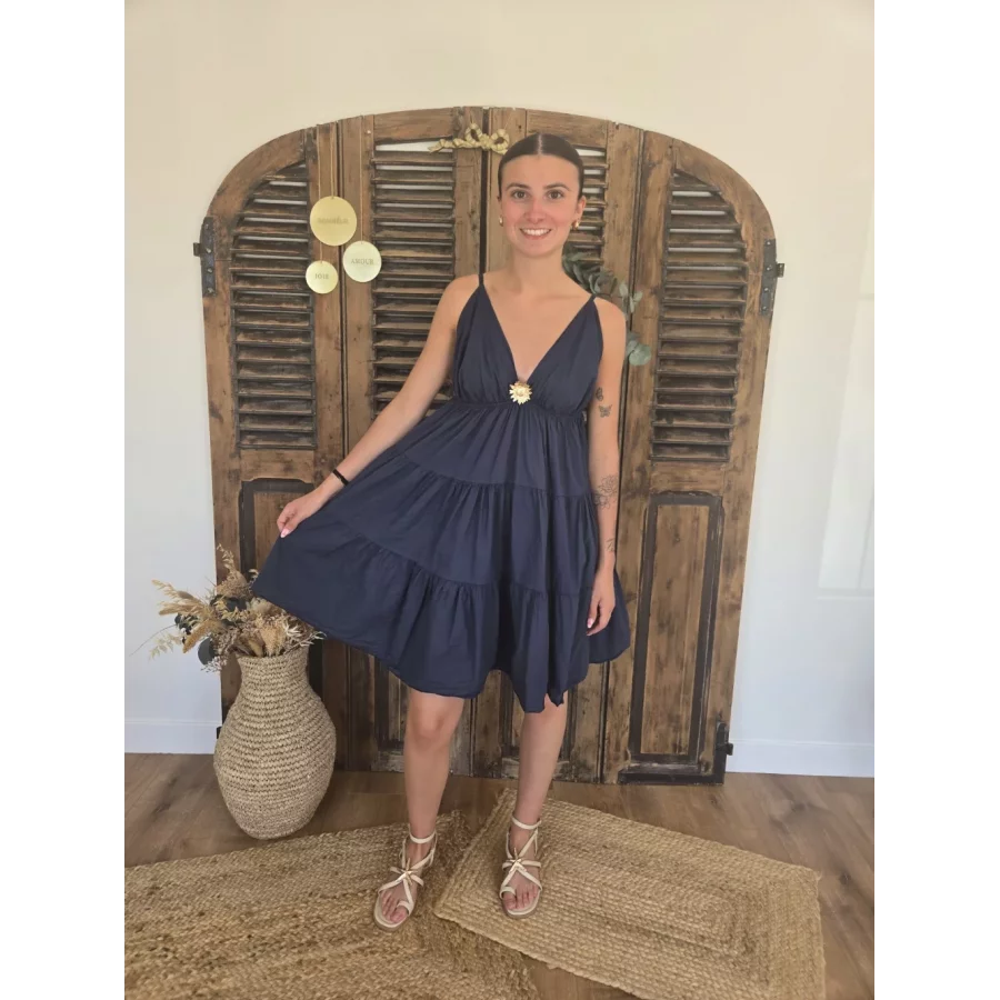 Robe bretelles Georgette marine tournesol
