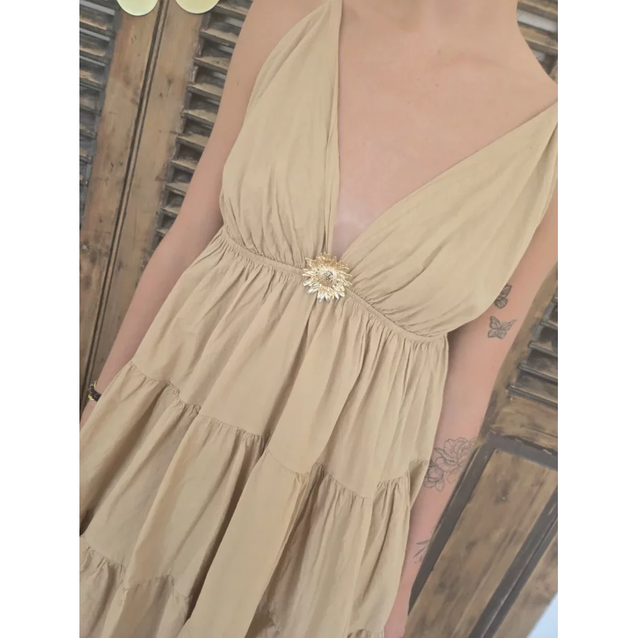 Robe bretelles Georgette camel tournesol