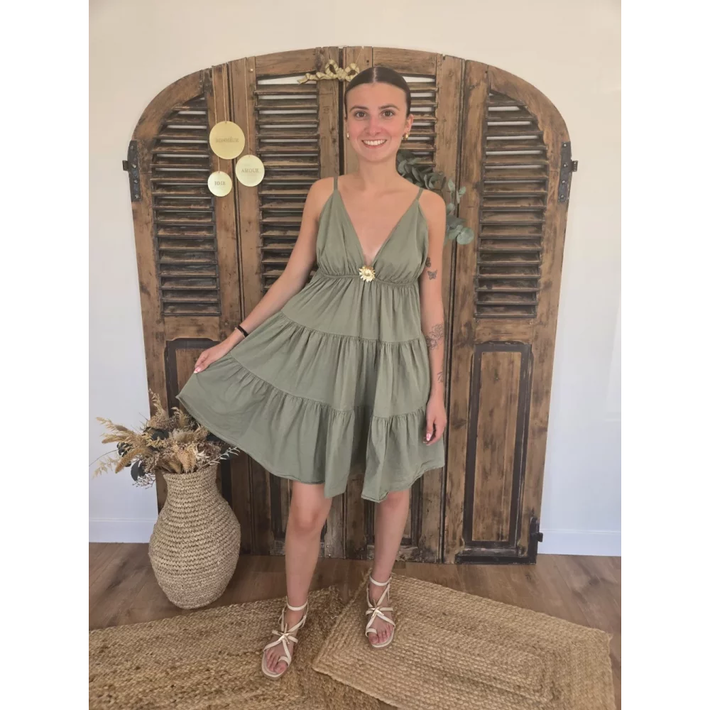 Robe bretelles Georgette kaki tournesol