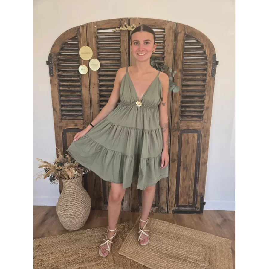 Robe bretelles Georgette kaki tournesol