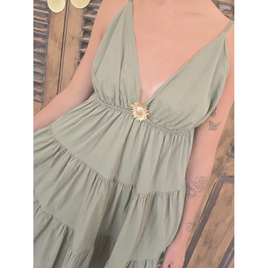 Robe bretelles Georgette kaki tournesol