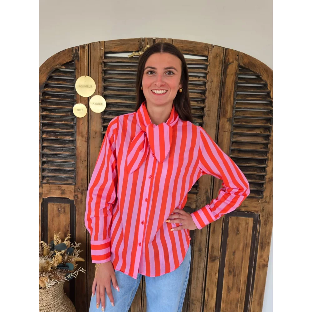Chemise Betanie rayée orange et rose col à nouer