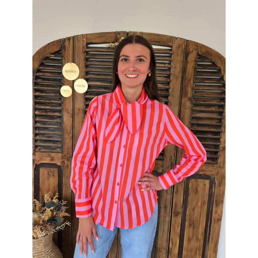 Chemise Betanie rayée orange et rose col à nouer