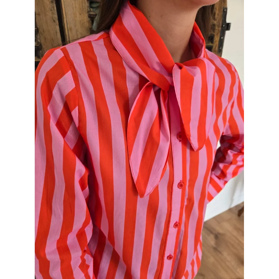 Chemise Betanie rayée orange et rose col à nouer