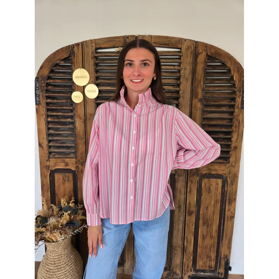 Chemise Mathilde rayée rose col victorien