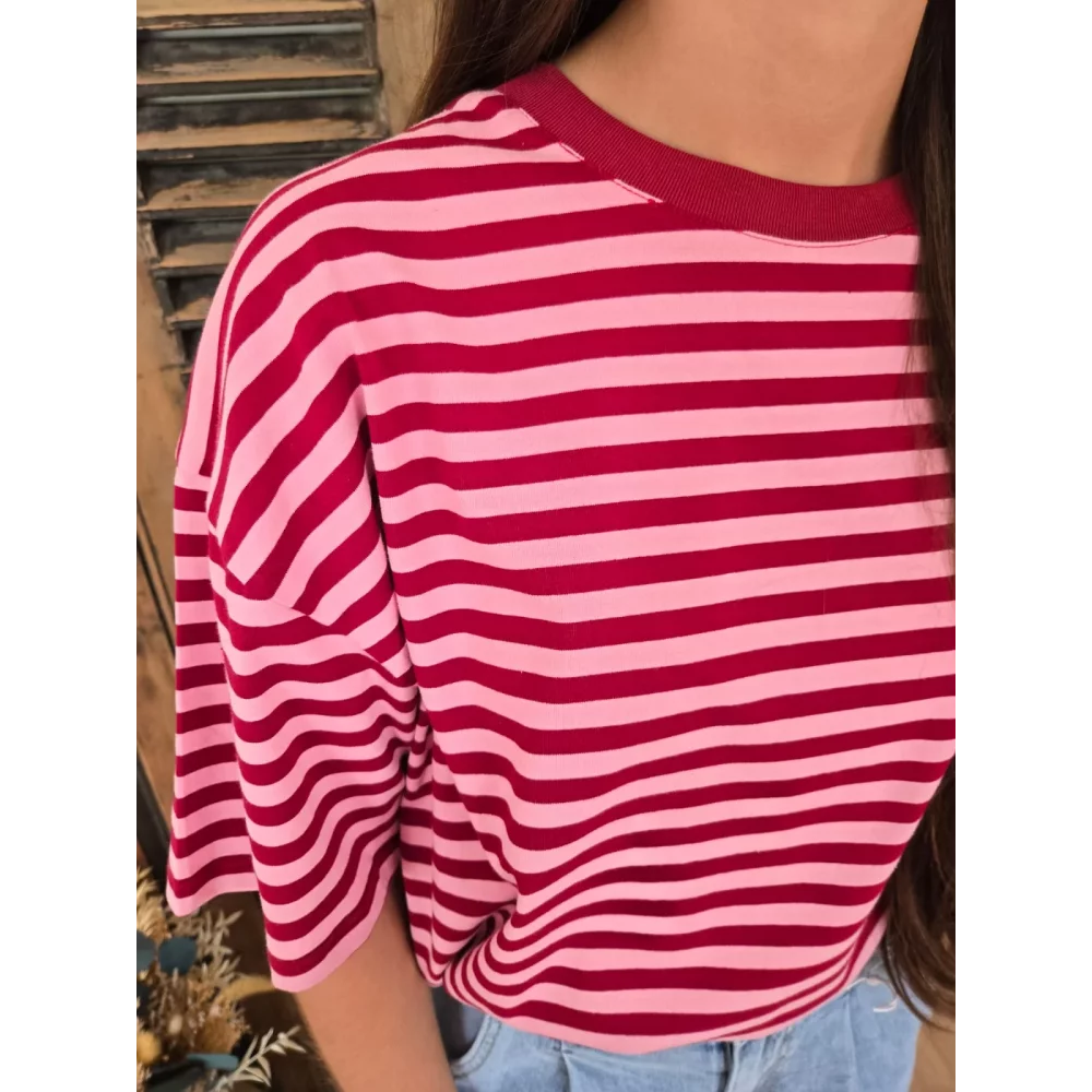 T-shirt Robin rayé rose et bordeaux