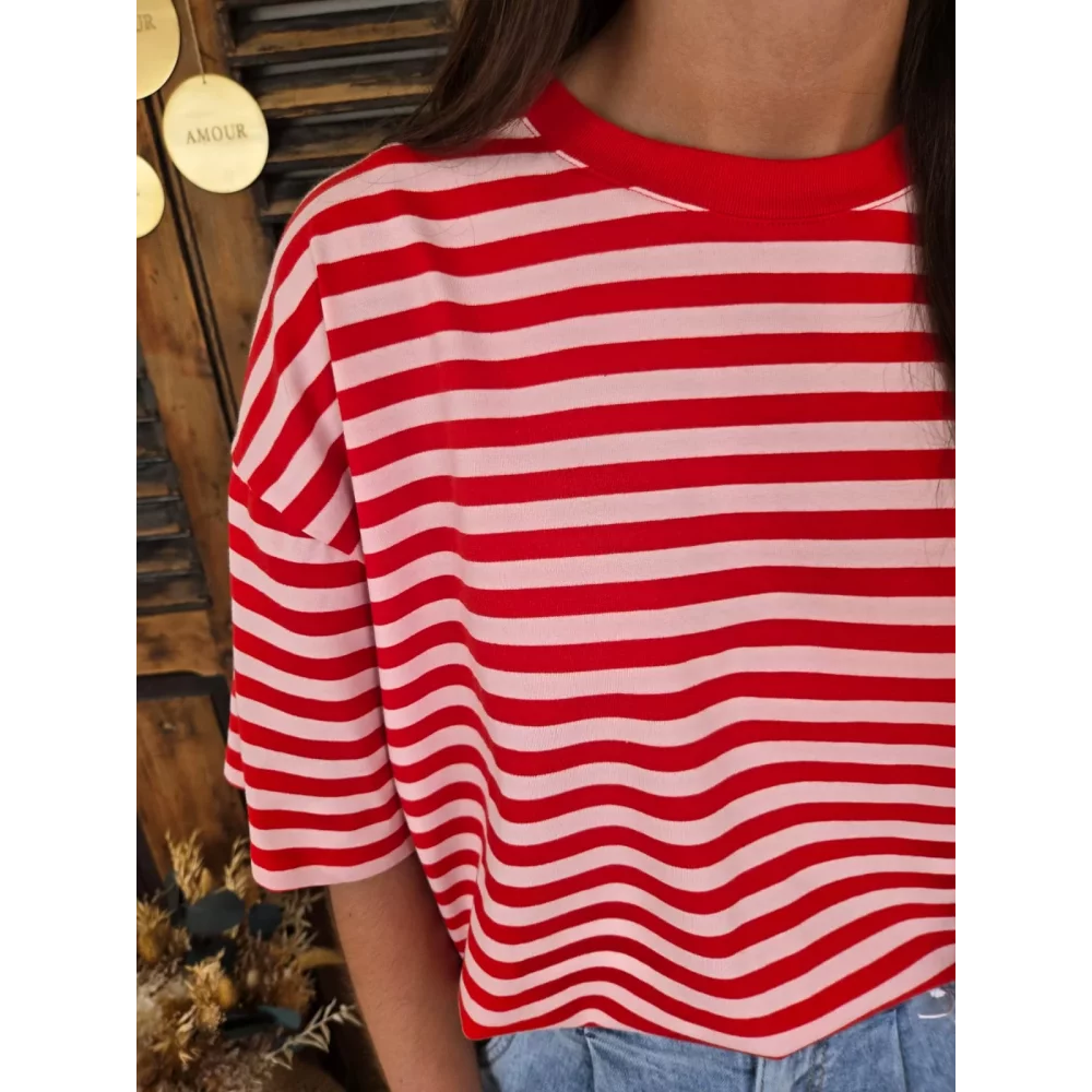 T-shirt Robin rayé rose et rouge