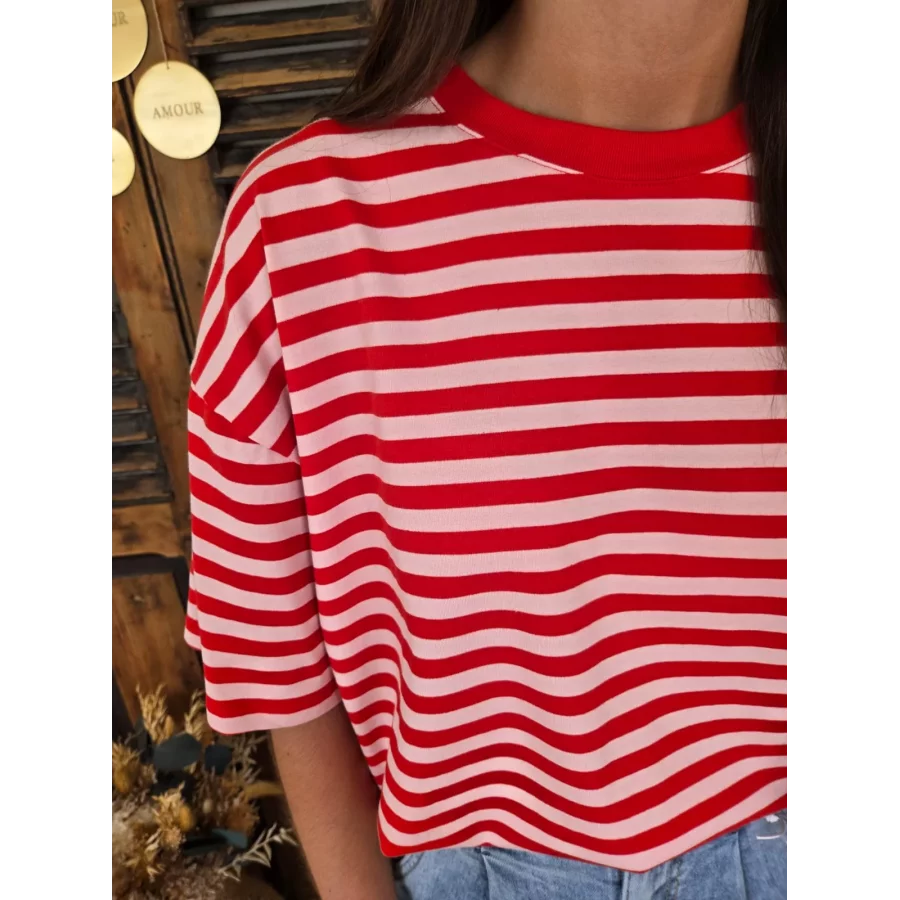 T-shirt Robin rayé rose et rouge