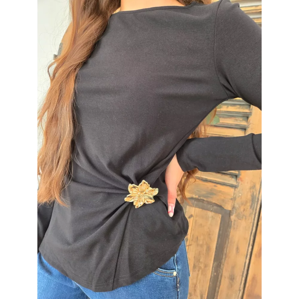 T-shirt Florent noir bijoux fleurs doré