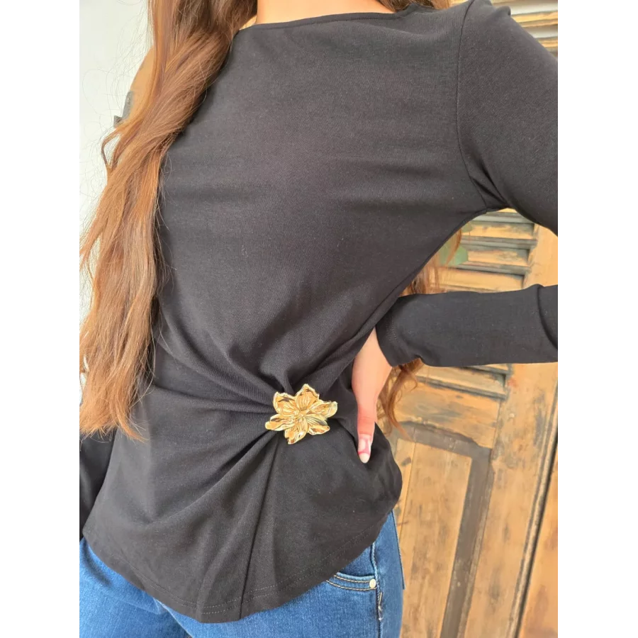 T-shirt Florent noir bijoux fleurs doré