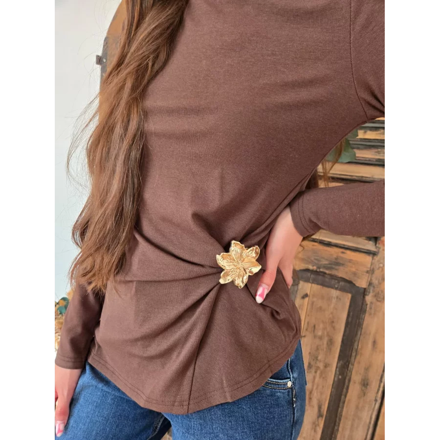 T-shirt Florent choco bijoux fleurs doré