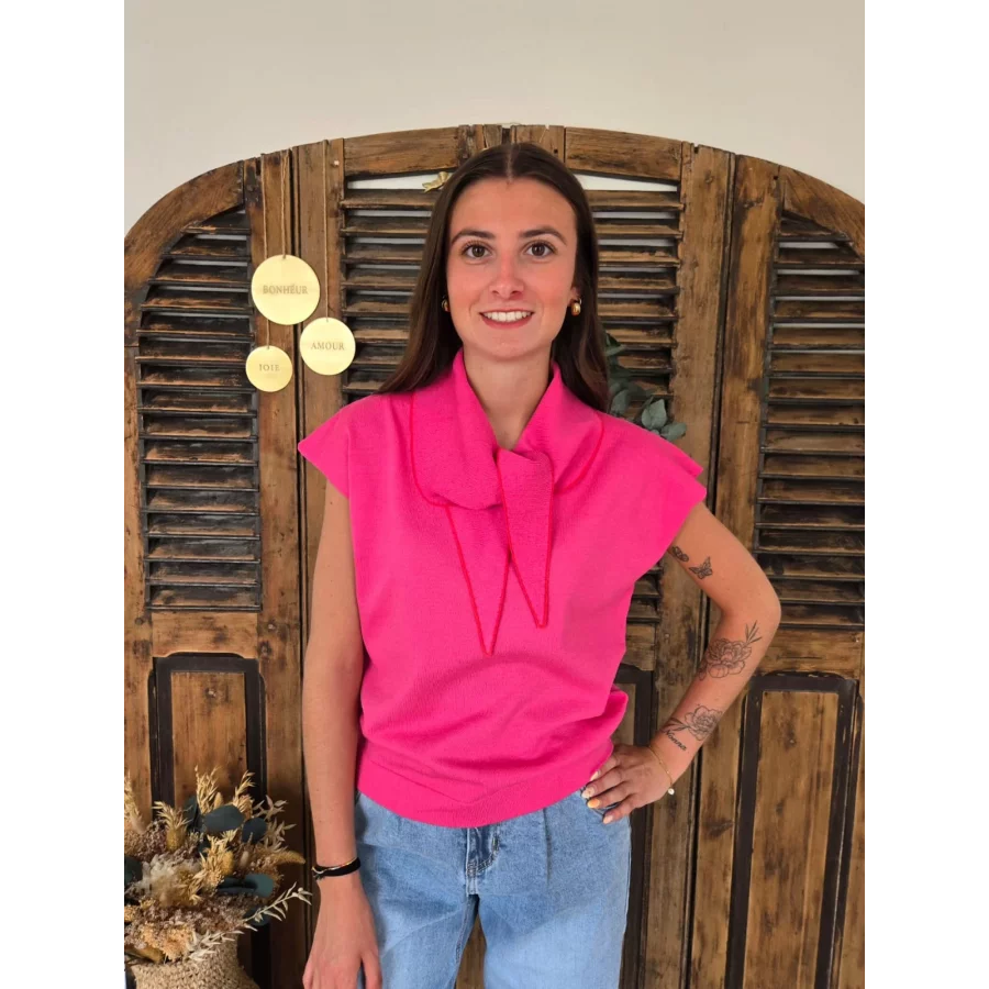 Pull fin Elie en maille fuchsia col à nouer