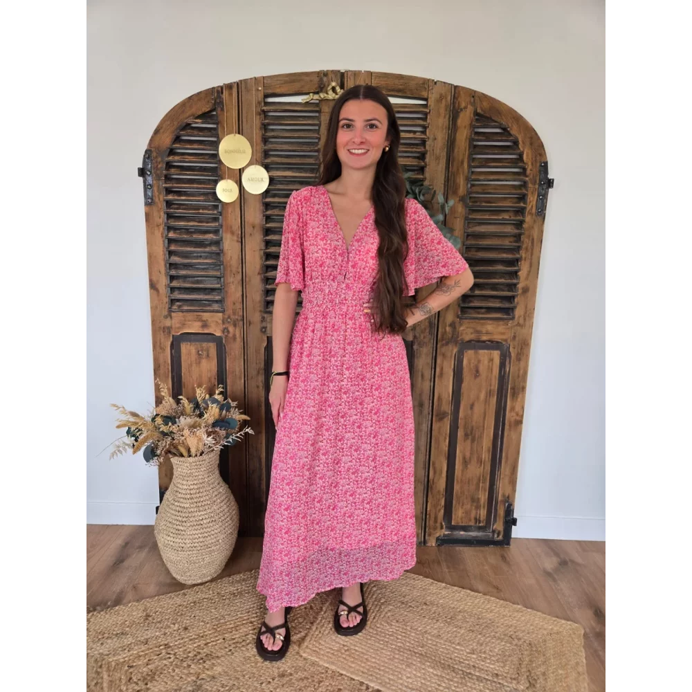 Robe longue Bertille rose fleurs fuchsia