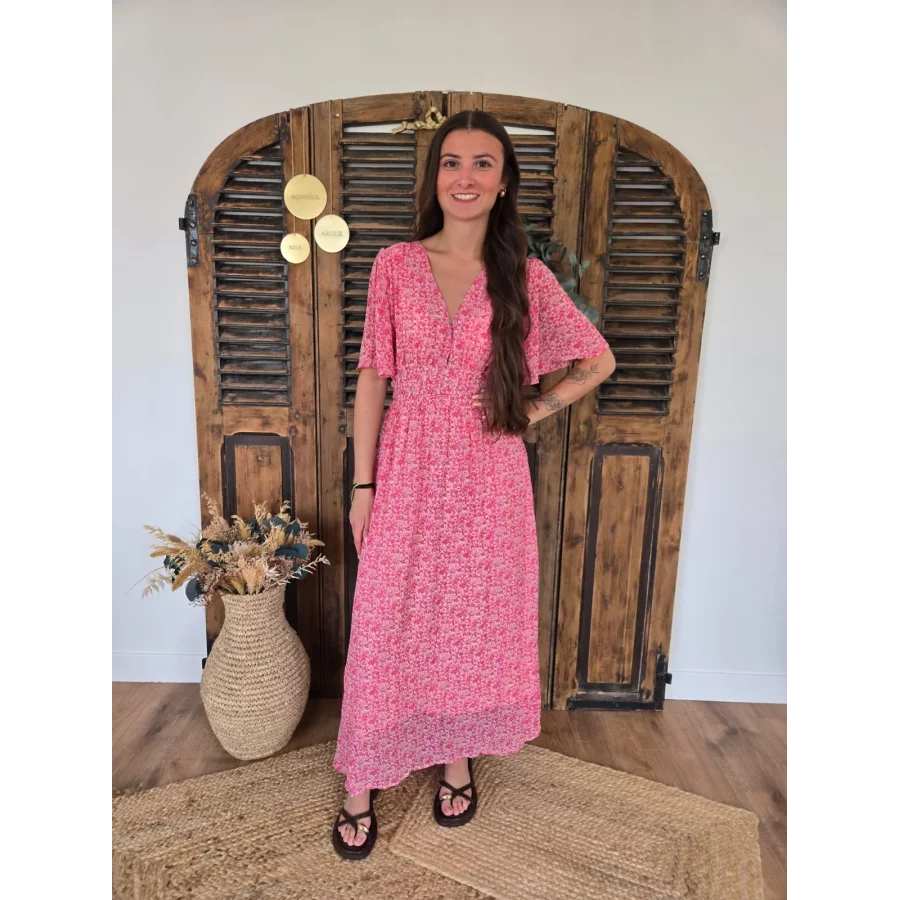 Robe longue Bertille rose fleurs fuchsia