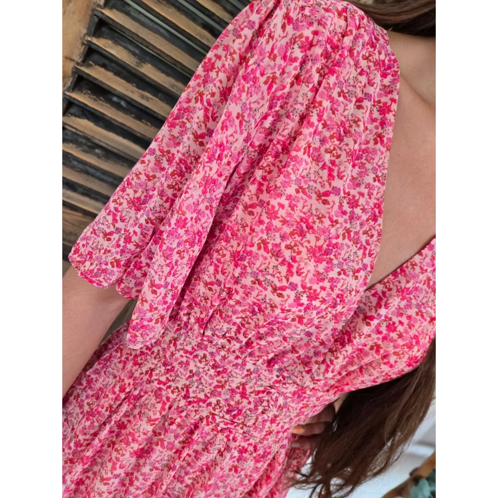 Robe longue Bertille rose fleurs fuchsia