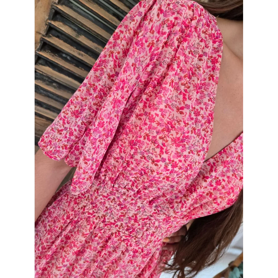Robe longue Bertille rose fleurs fuchsia