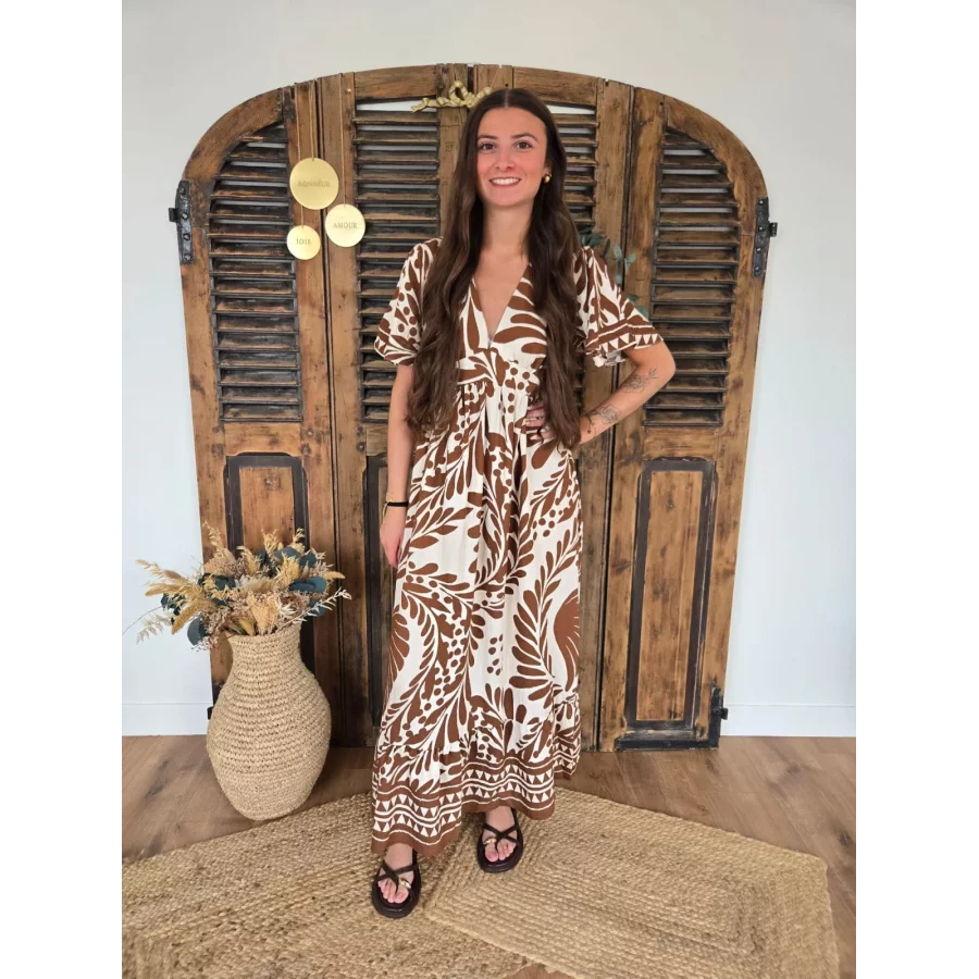 Robe longue Maeva beige et choco