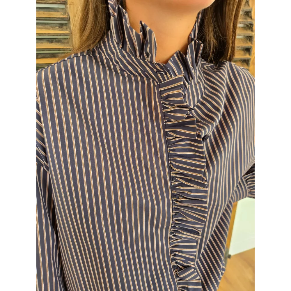 Chemise Aline marine rayée choco col victorien