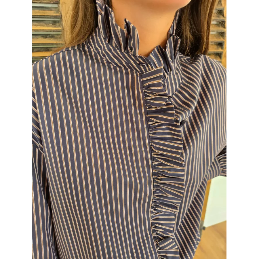 Chemise Aline marine rayée choco col victorien