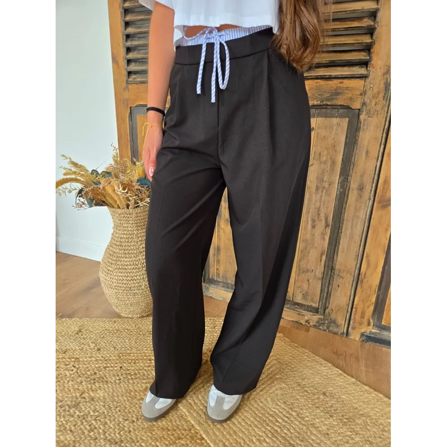 Pantalon Flavien fluide noir bande rayée bleu
