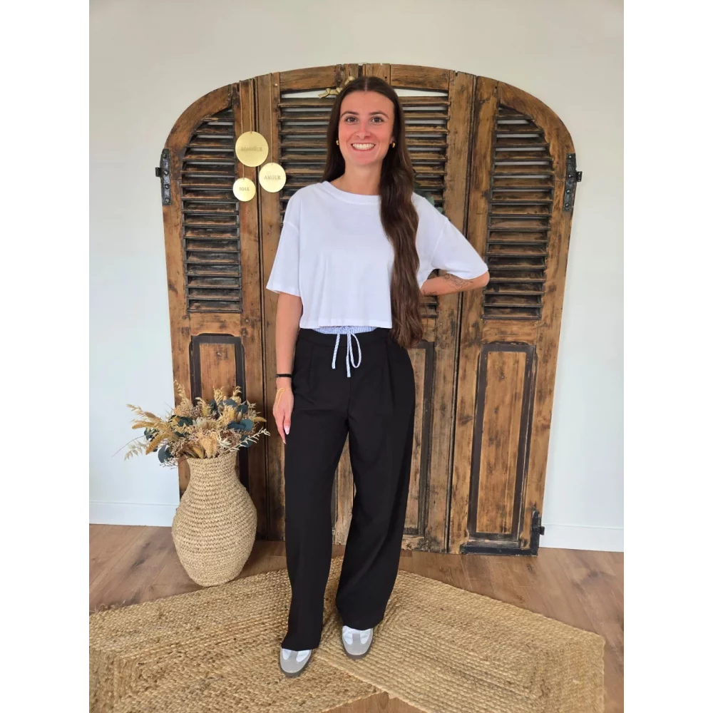 Pantalon Flavien fluide noir bande rayée bleu