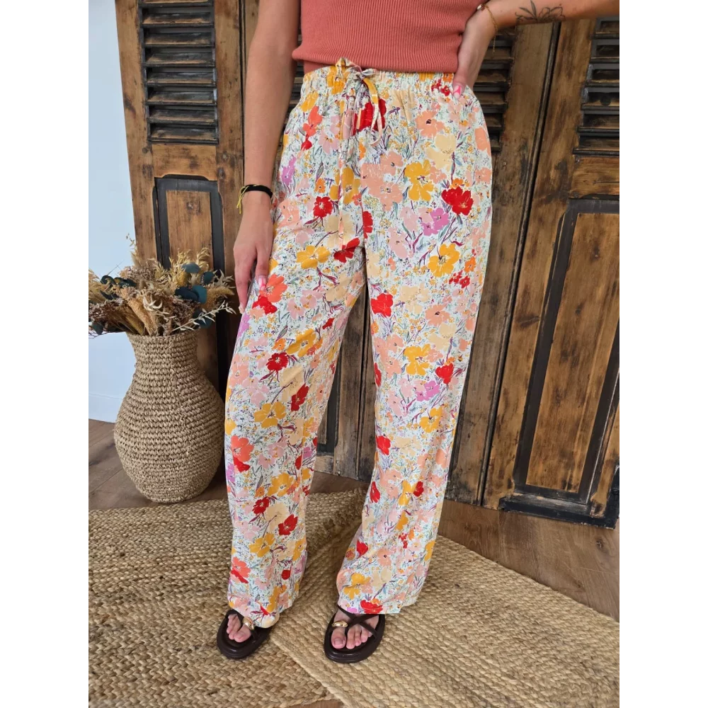 Pantalon fluide Cesar fleurs jaune et rose