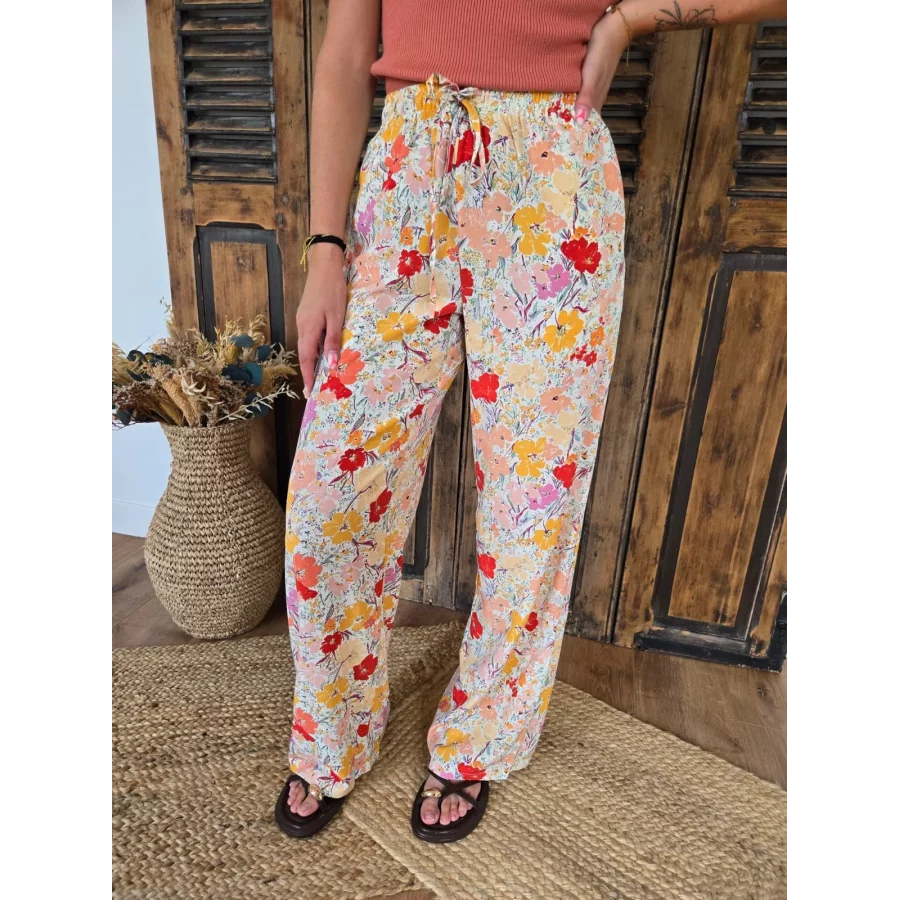 Pantalon fluide Cesar fleurs jaune et rose